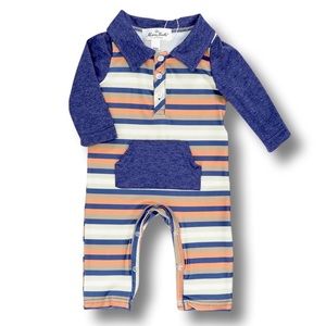 Marie Nicole Clothing Orange & Navy Striped Raglan Polo Romper 3-6M